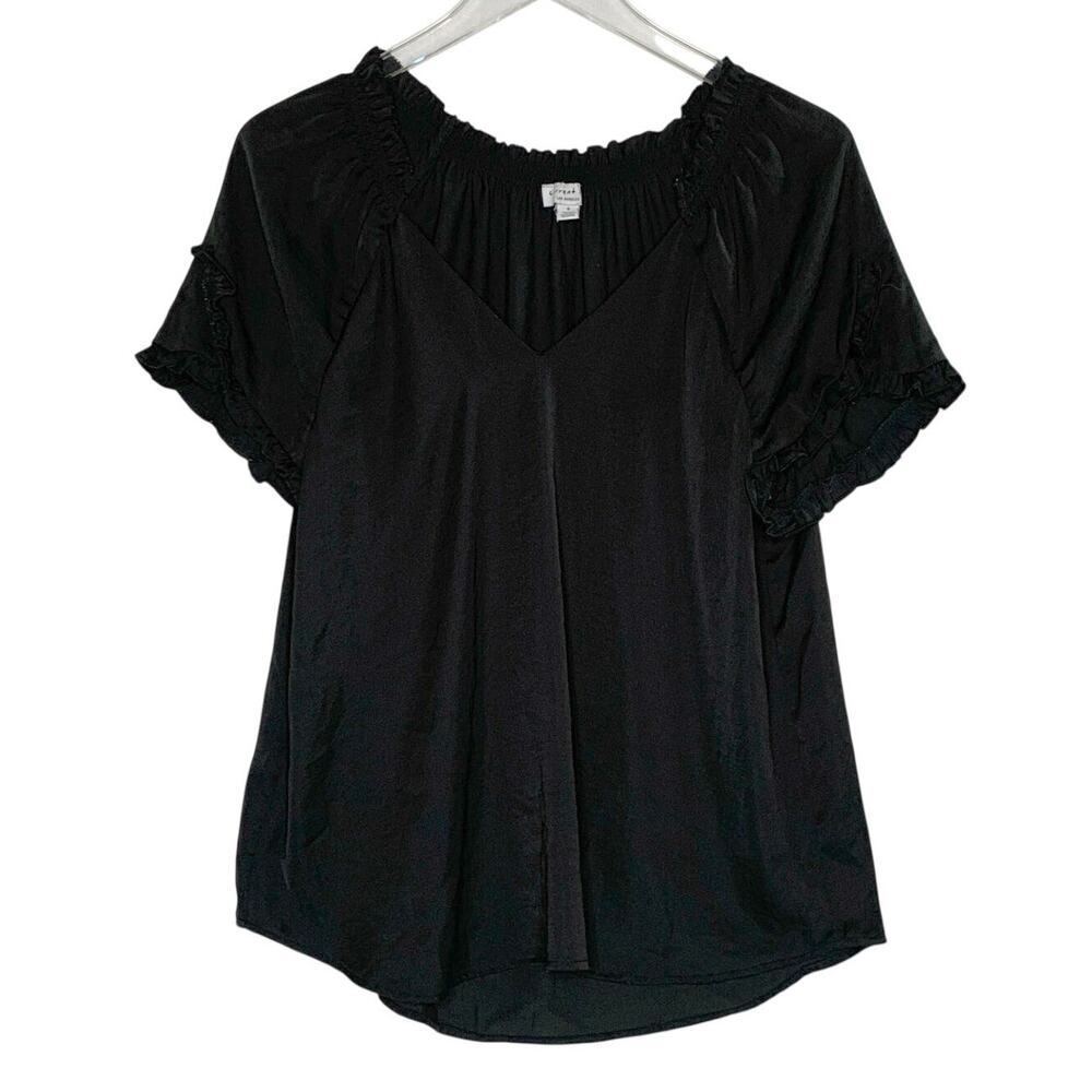 Current Air Anthropologie Black V Neck Top S Short Sleeves Flowy Pleated Ruffle
